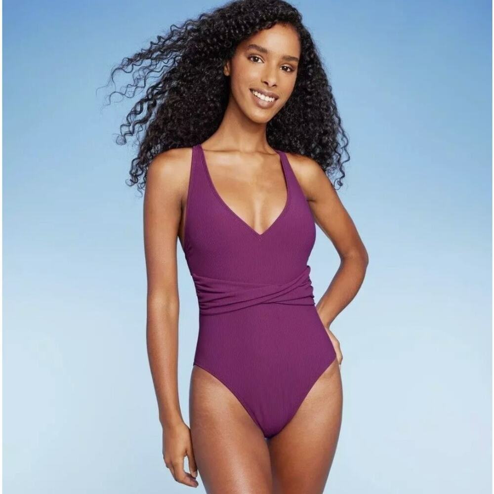 Shade & Shore Women's Ribbed Plunge Twist-Front One Piece Swimsuit Purple Small